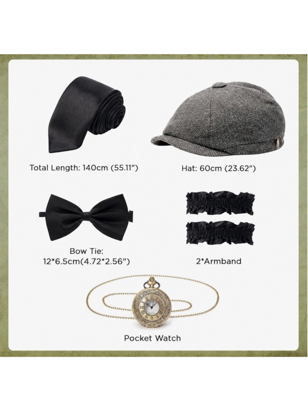 1920s Mens Gatsby Costume Accessories Lot Newsboy Hat Tie Pocket Watch
